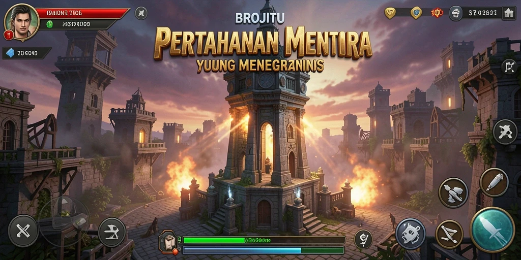 Screenshot BROJITU menunjukkan aksi seru Tower Defense dengan menara yang siap tempur.