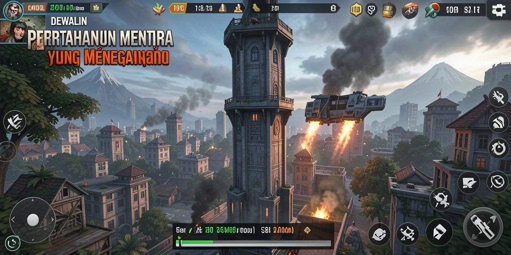 Tampilan gameplay menegangkan di DEWALIN dengan menara yang berfungsi melawan musuh.