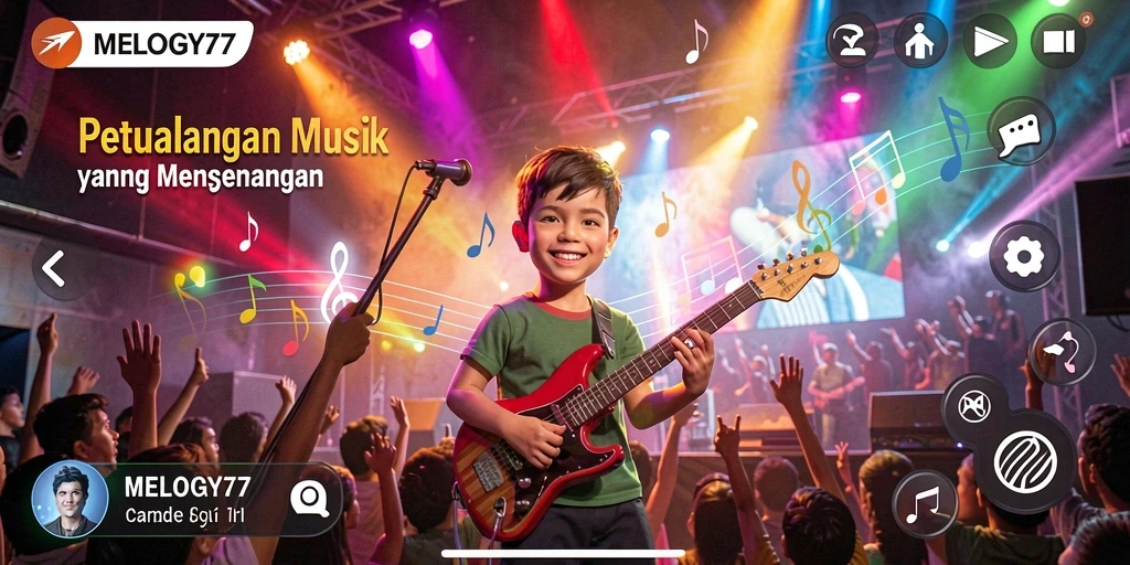 Tampilan gameplay <strong>MELODY77</strong> yang ceria dan penuh warna.