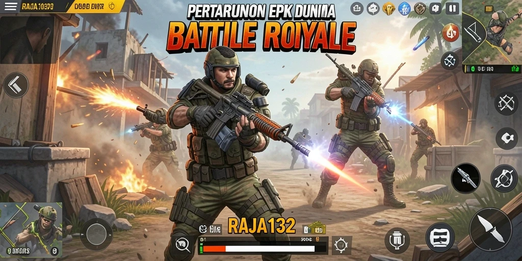 Tampilan gameplay yang mendebarkan dalam RAJA132 dengan aksi Battle Royale.