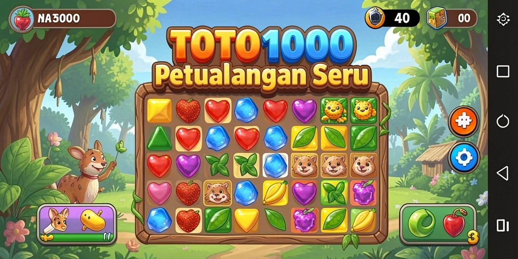 Screenshot utama TOTO1000 menampilkan gameplay Match-3 yang seru dan berwarna-warni.