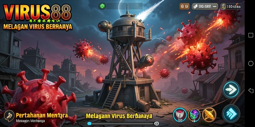 Screenshot menampilkan aksi gameplay Tower Defense yang mendebarkan di VIRUS88.